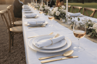 Elegant banquet table setting with gold cutlery, white plates, and floral decor