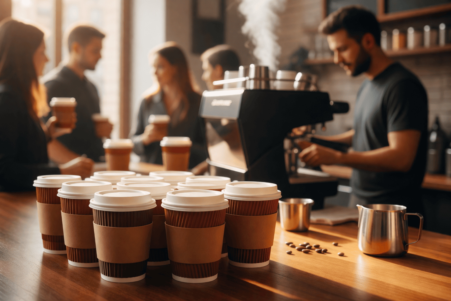 Coffee cups on counter, barista making espresso for customers in cafe