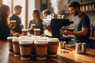 Coffee cups on counter, barista making espresso for customers in cafe