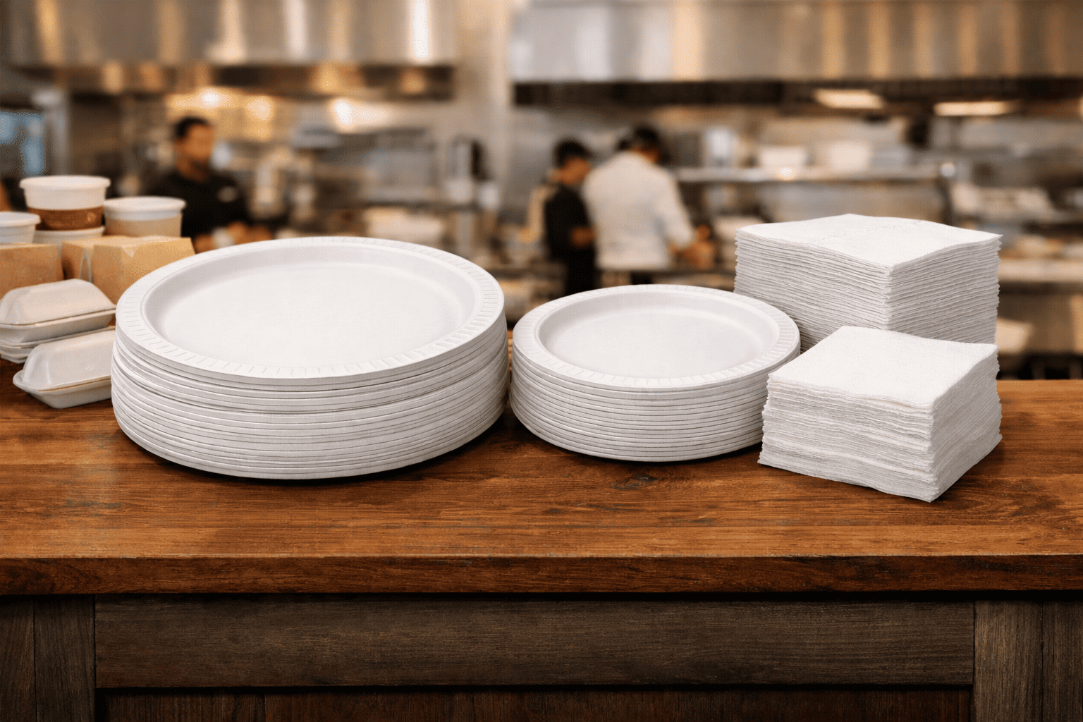 Stacked white paper plates and napkins for restaurant takeout orders