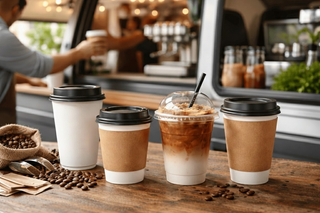 Iced coffee and hot coffee cups with beans at a mobile coffee shop
