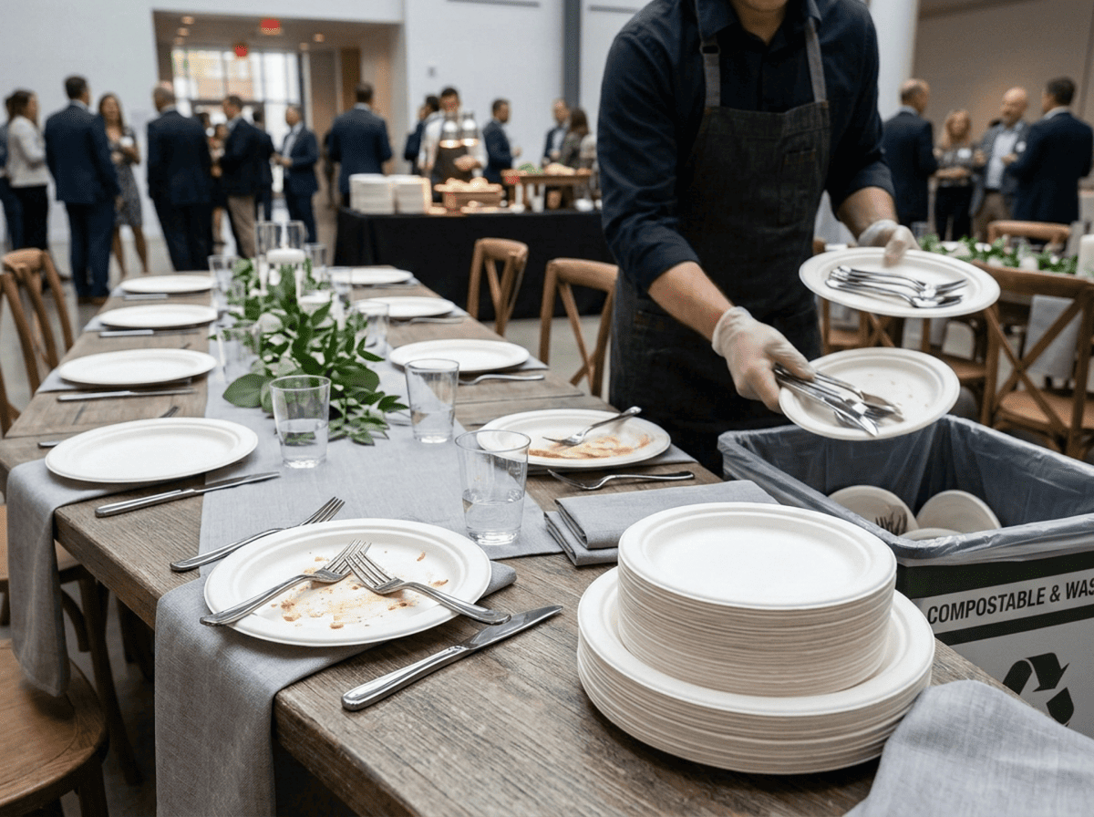 Compostable plates and cutlery being bussed from a catered event
