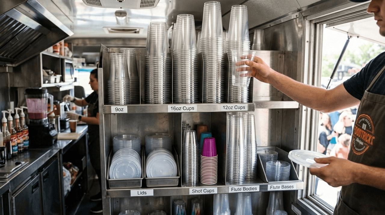 Food truck interior with organized cups, lids, and beverage service, worker reaching for cup