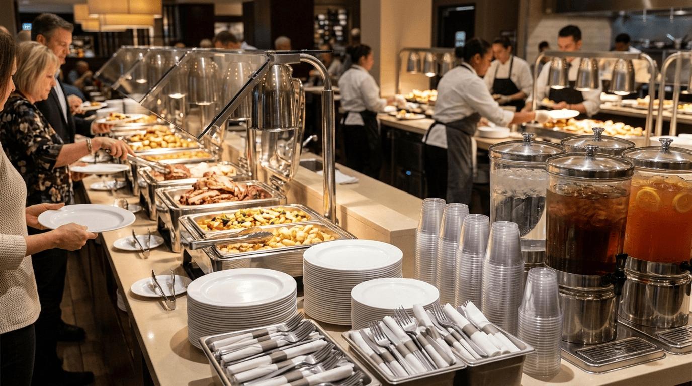 Buffet line with food choices, drinks, and tableware for a corporate event