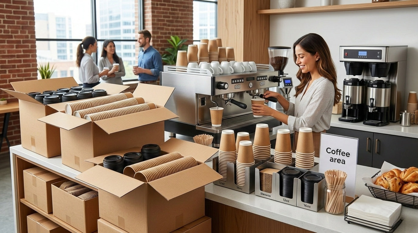 Office coffee area with espresso machine, cups, and coffee supplies