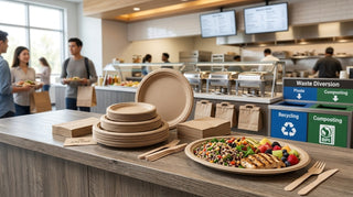 Eco-friendly disposable plates, cutlery and compost bin in restaurant