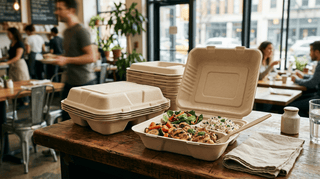 Compostable takeout container with food, eco-friendly packaging