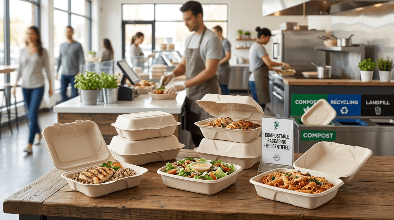 JollyChef Compostable food containers with meals in a cafe setting, highlighting recycling