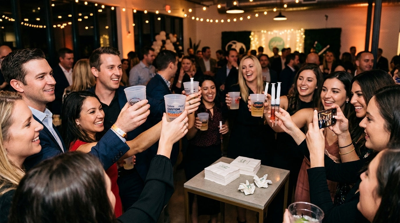 Group cheers with custom printed cups at event