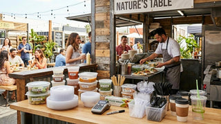 Outdoor pop-up restaurant counter with chef serving food and essential supplies checklist
