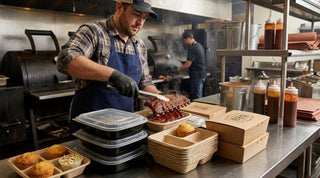 Chef packing BBQ ribs into various takeout containers, including grease-proof plastic and compostable options