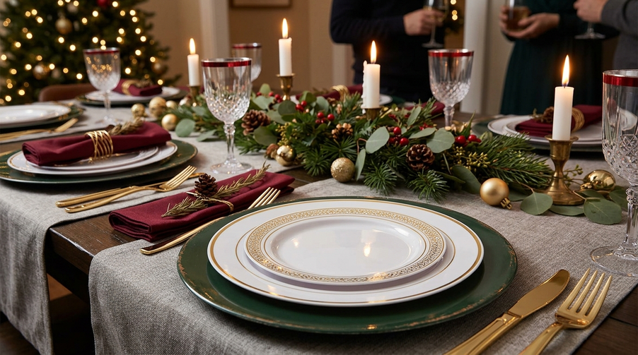 Elegant holiday party tablescape with disposable gold-rimmed plates, burgundy napkins, and festive greenery centerpiece