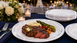 Heavy-duty plastic plates stacked for steak dinners