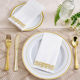 Jolly Chef blog cover October 2024 an elegant table setup featuring white plates with gold trim, golden cutlery, white napkins adorned with golden designs, arranged on a patterned mat alongside a glass bottle and white flowers.