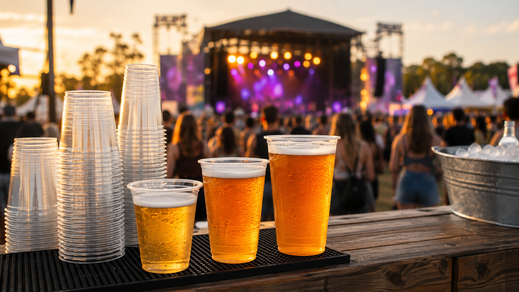 In an outdoor summer music festival bar, disposable beer mugs are stacked together and placed upside down on the table.