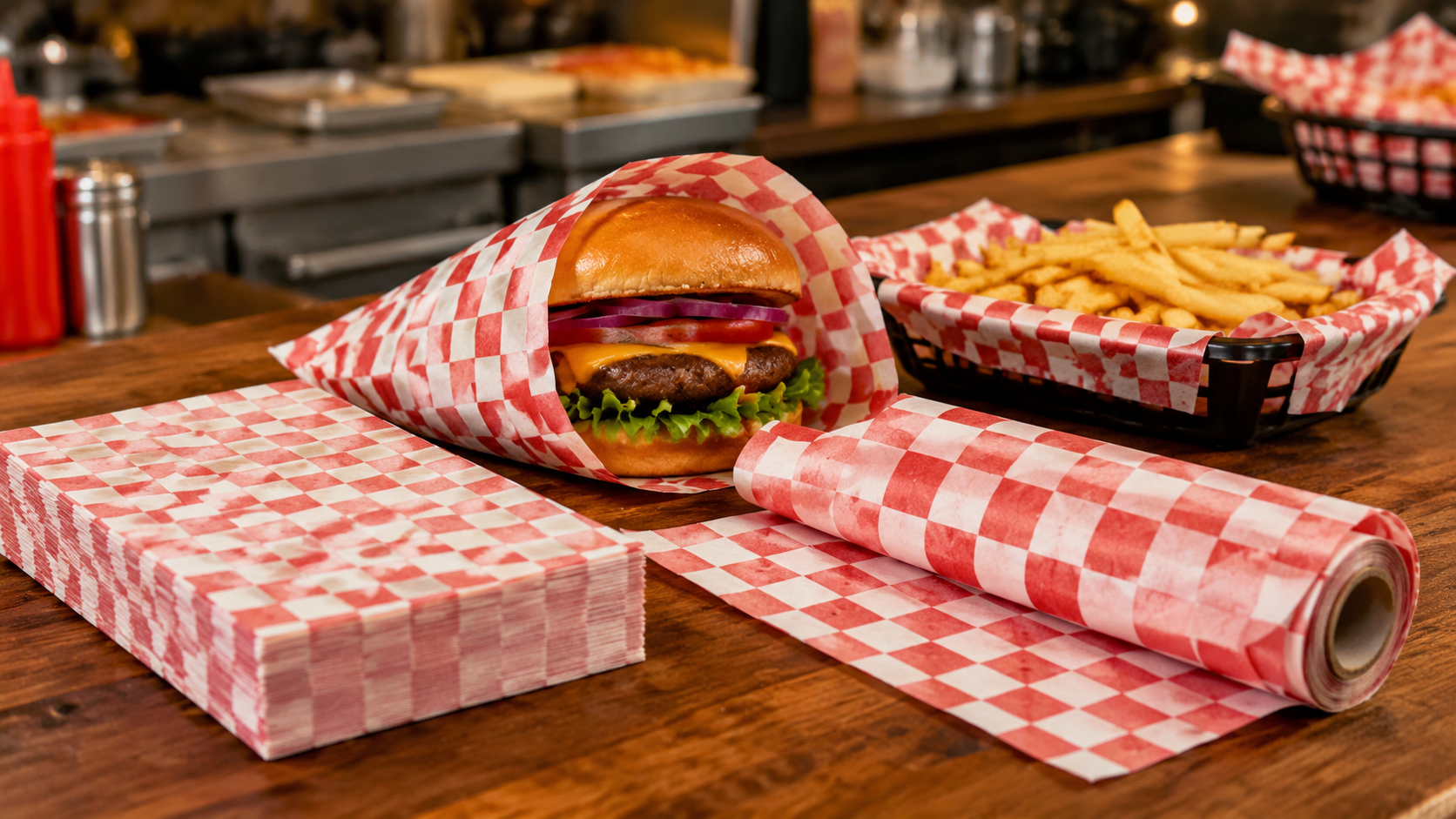 Red checkered food basket liners and burger wrap paper on a wooden restaurant counter