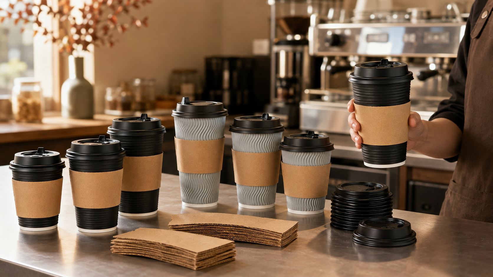 Coffee cup sleeves fitted to black and gray paper cups at a cafe service station