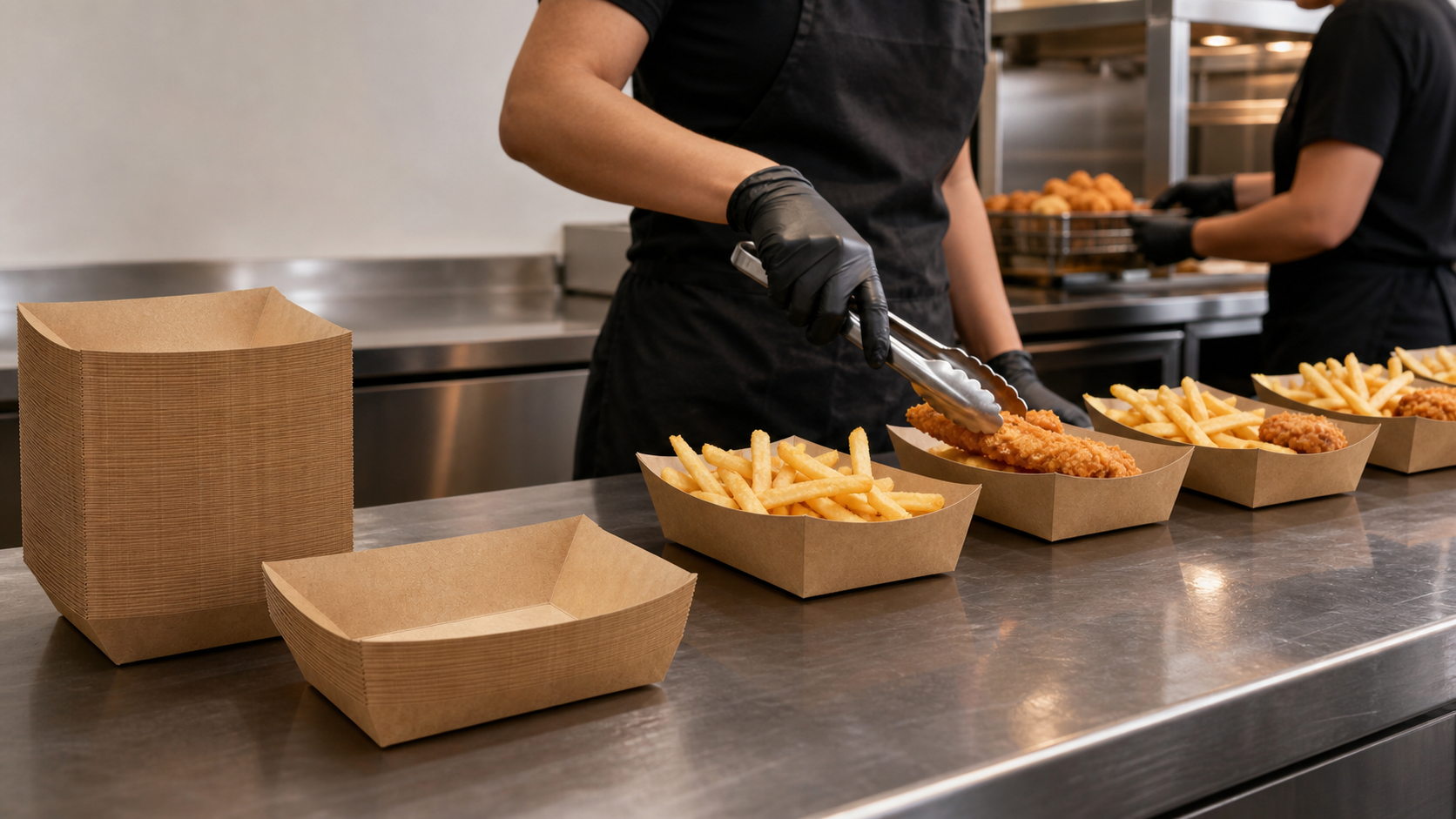 Kraft paper food trays on a professional concession stand service line