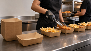 Kraft paper food trays on a professional concession stand service line