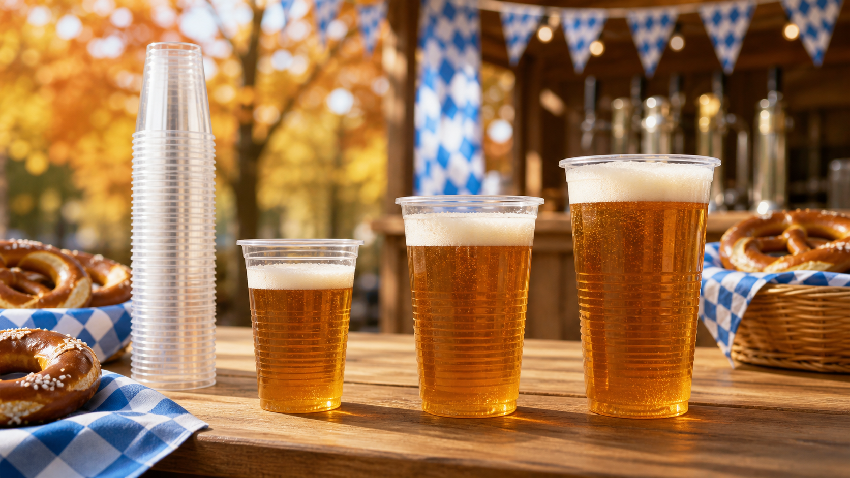 Clear plastic beer cups in three sizes at an Oktoberfest-style fall event service station