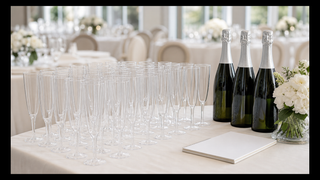 Clear disposable champagne flutes arranged for a wedding toast with sparkling wine bottles and an event planning notebook