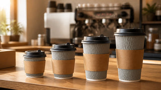 Four paper coffee cup sizes arranged from smallest to largest on a café counter
