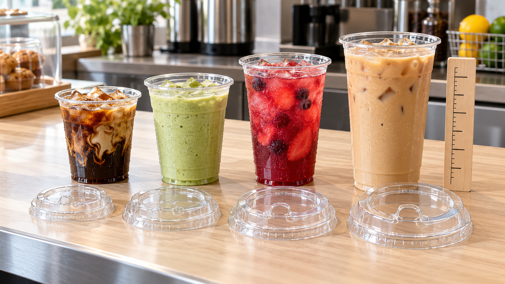 Clear PET cold drink cups in multiple sizes with matching strawless lids for iced coffee and smoothies