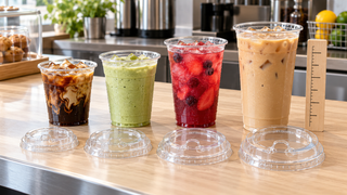 Clear PET cold drink cups in multiple sizes with matching strawless lids for iced coffee and smoothies