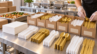 Catering prep table with grouped disposable forks, spoons, knives and napkins for quantity planning