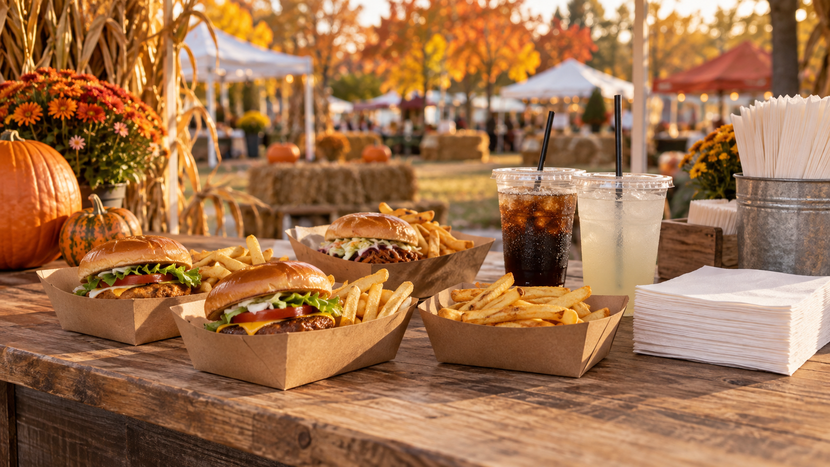 Fall festival food service with kraft trays, clear cold drink cups, and white napkins