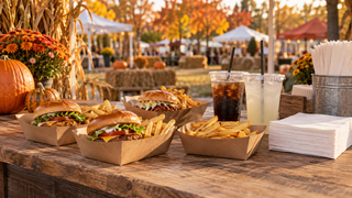 Fall festival food service with kraft trays, clear cold drink cups, and white napkins
