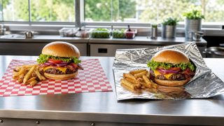 Burger and fries served side by side on checkered deli paper and foil wrap