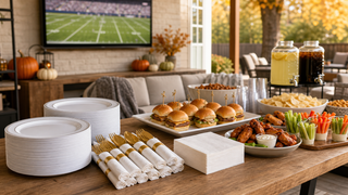 Football party buffet with disposable plates, gold cutlery, napkins, and a halftime restock station