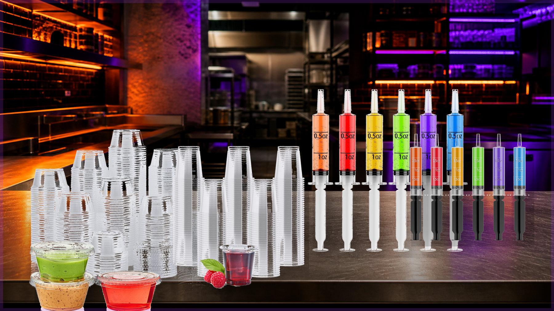 Commercial bar prep station with Jolly Chef jello shot cups and plastic shot syringes for Halloween service planning