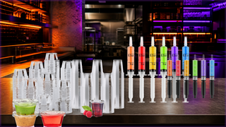 Commercial bar prep station with Jolly Chef jello shot cups and plastic shot syringes for Halloween service planning