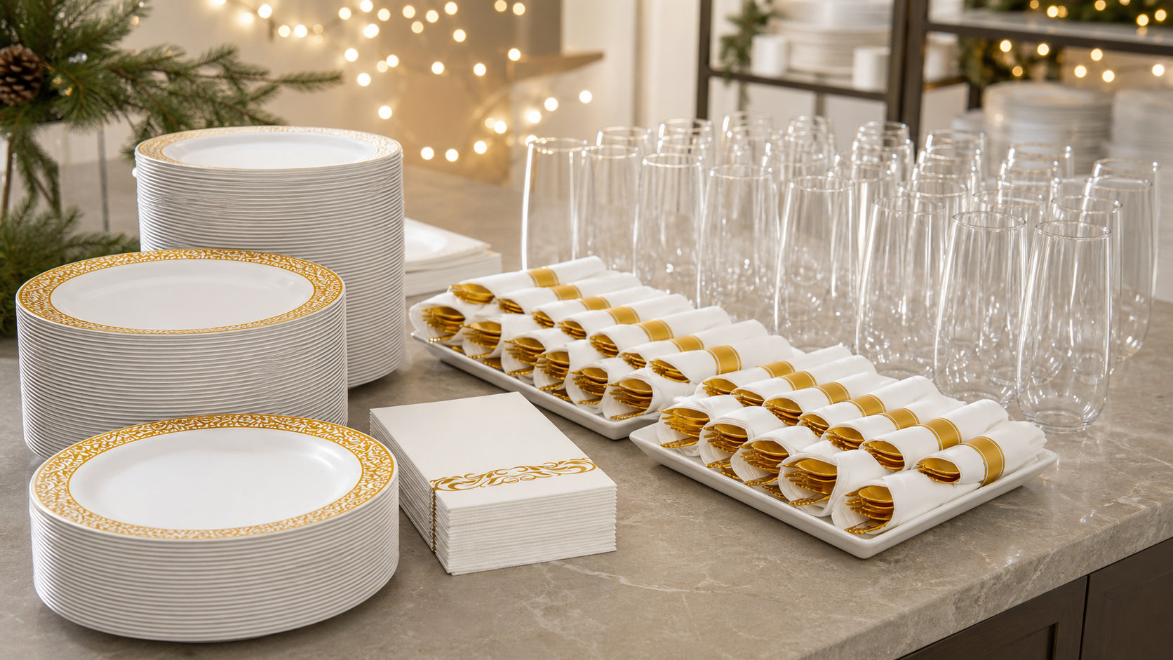Holiday catering checklist staging with gold-rim plates, pre-rolled cutlery, and stemless flutes