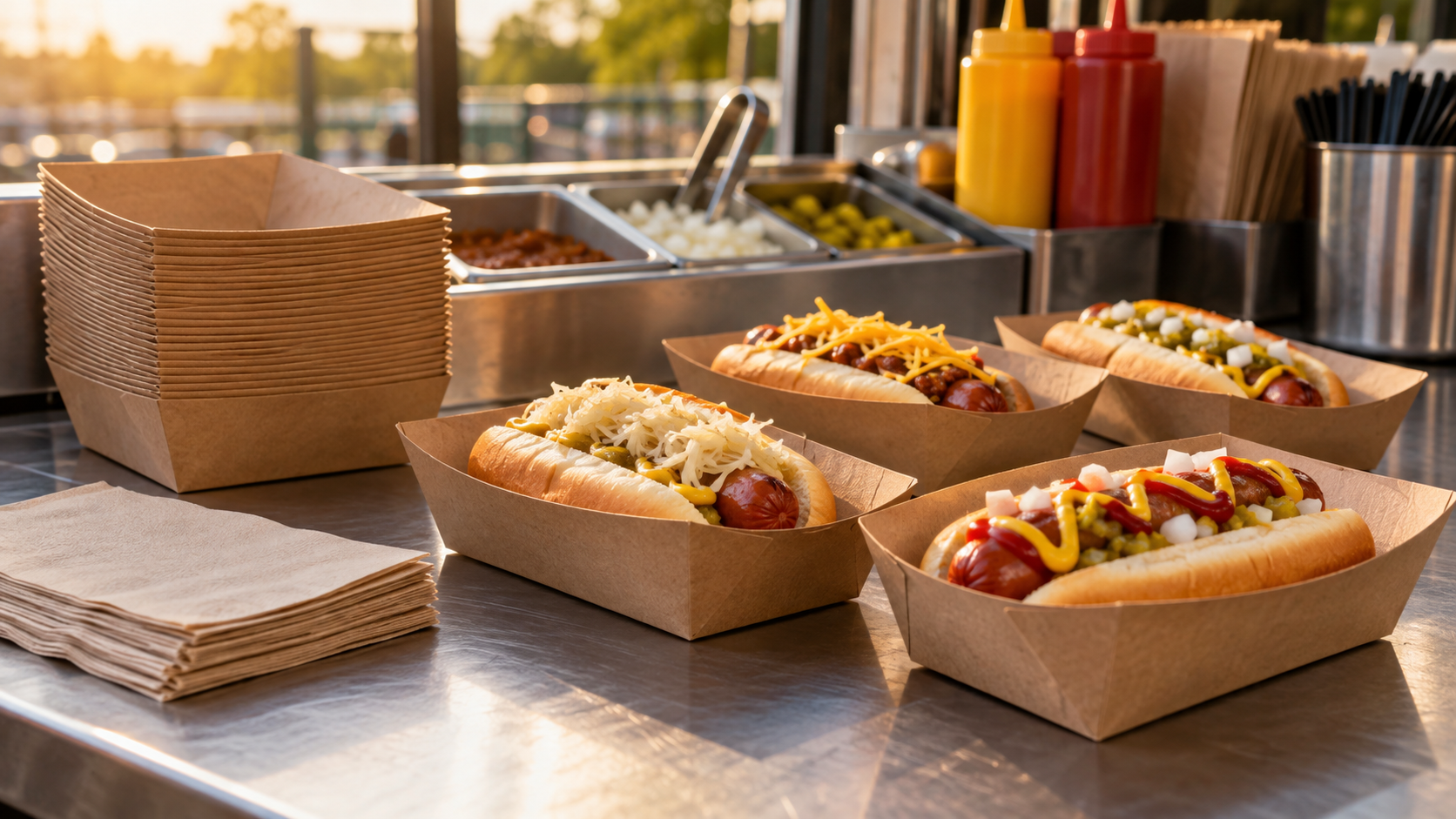 Hot dogs served in kraft paper trays at an outdoor concession prep station