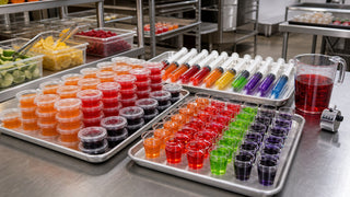 Commercial catering prep station with counted trays of jello shot cups and syringes