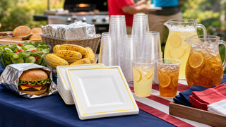 Labor Day backyard cookout with square white plastic plates, clear plastic cups, and foil-wrapped burgers