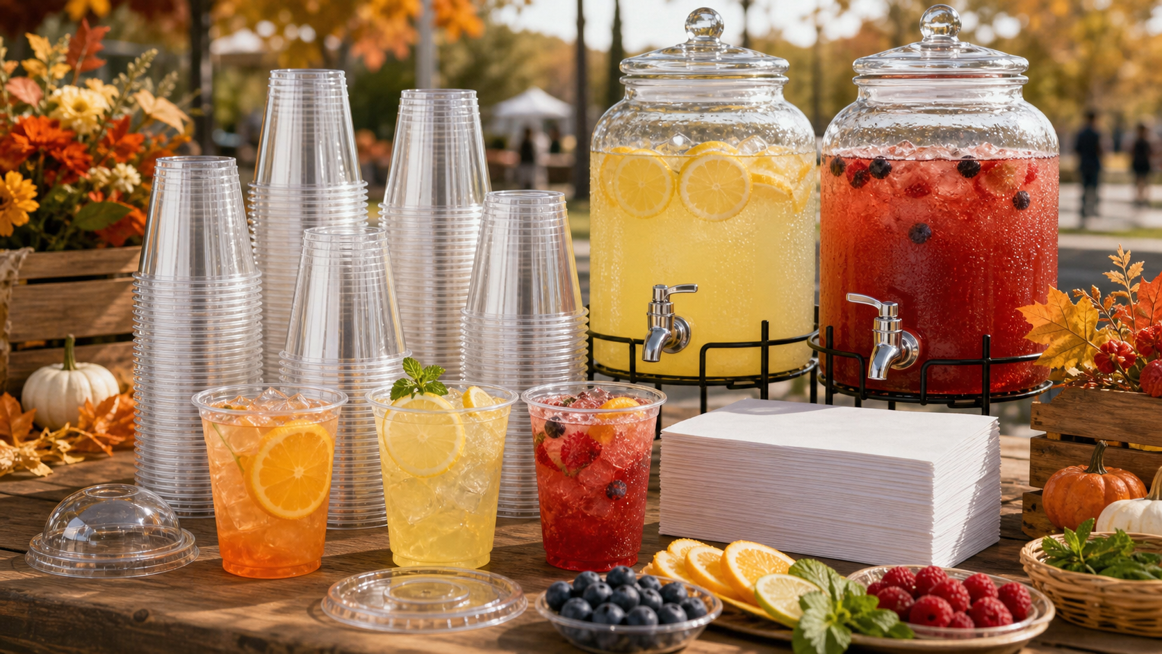 Commercial mocktail bar for a crowd with clear PET cups, citrus drinks, lids, and napkins