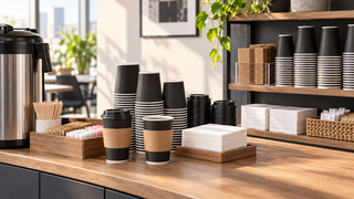 Organized office coffee station with black paper cups, kraft sleeves, lids, napkins and stirrers