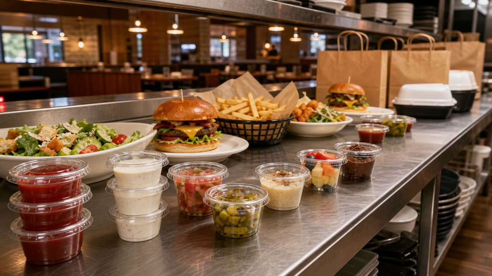 Portion cups with lids arranged on a restaurant service counter with burgers, fries, salads, and takeout bags