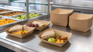 School cafeteria serving line with kraft paper food trays ready for lunch service