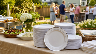 Tailgate party buffet with white disposable plates and game-day food