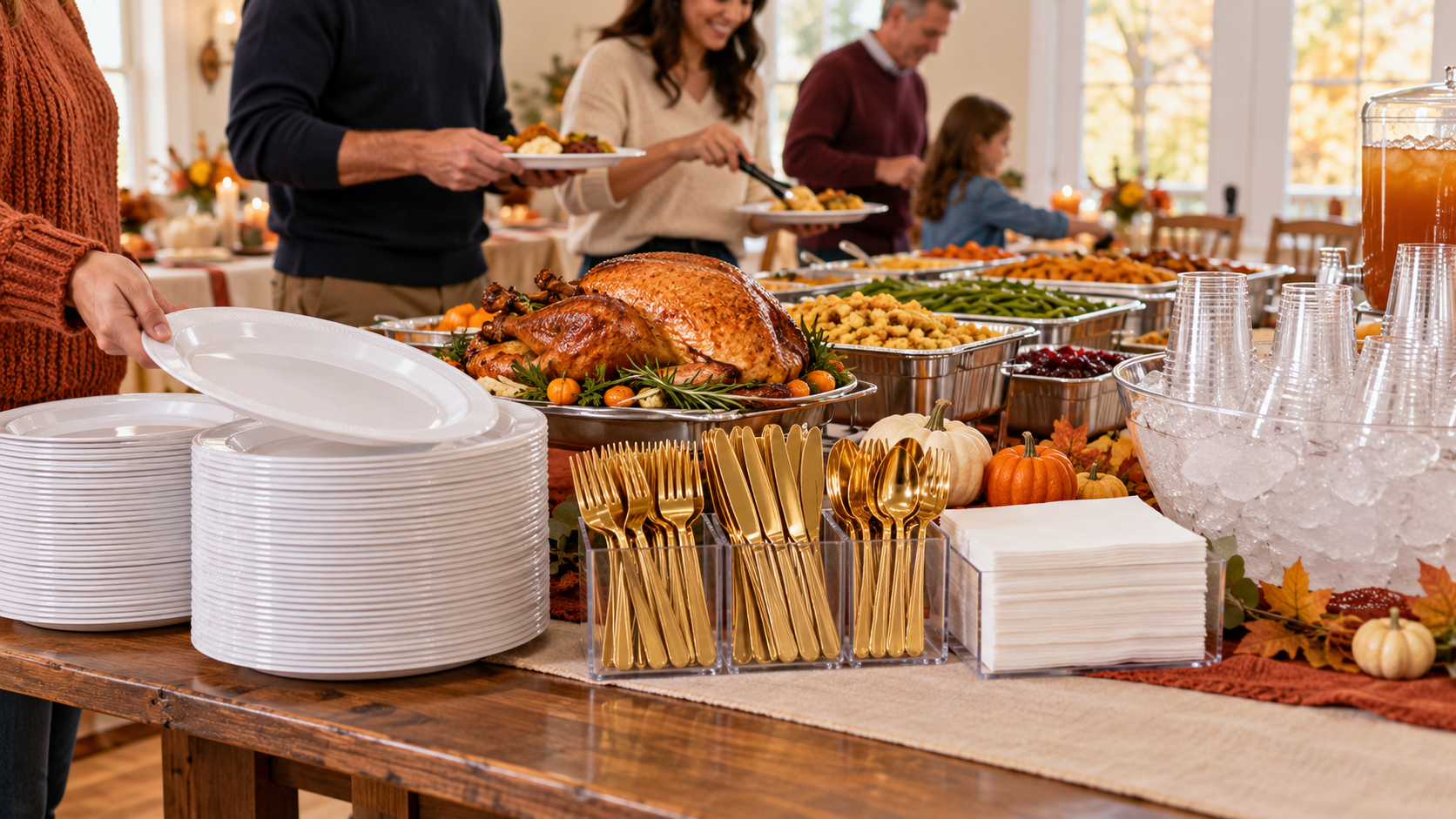 Thanksgiving buffet with glossy white plastic plates, clear plastic cups, gold plastic cutlery, and service zones
