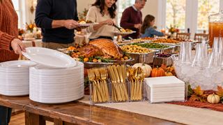 Thanksgiving buffet with glossy white plastic plates, clear plastic cups, gold plastic cutlery, and service zones