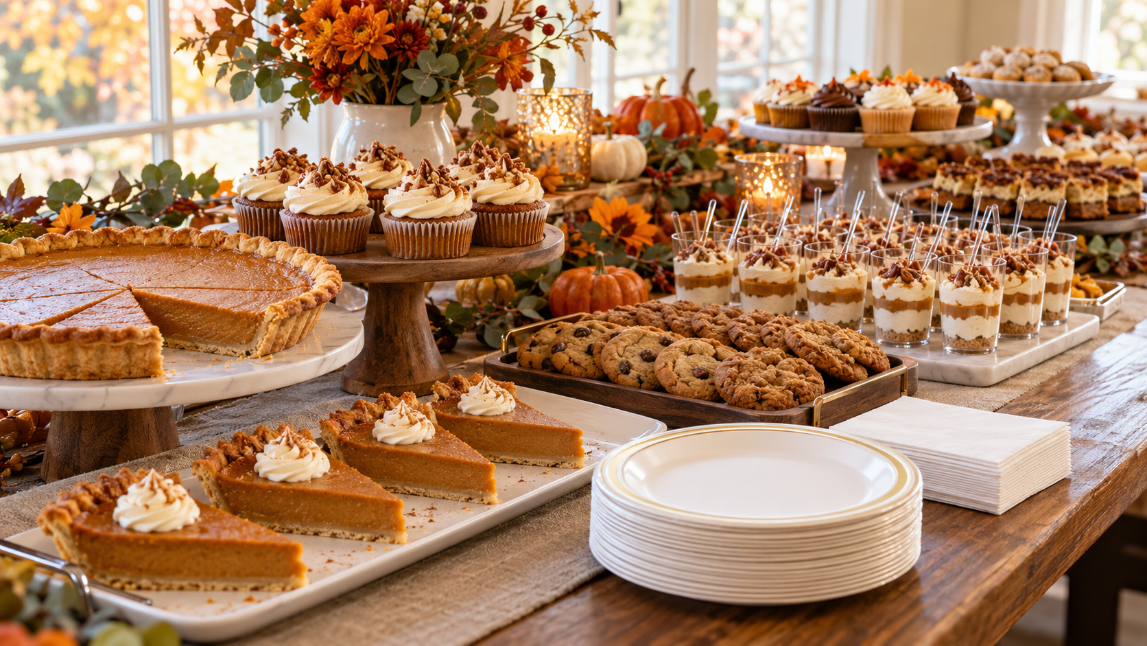 Thanksgiving dessert table with disposable plates and dessert cups