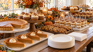Thanksgiving dessert table with disposable plates and dessert cups