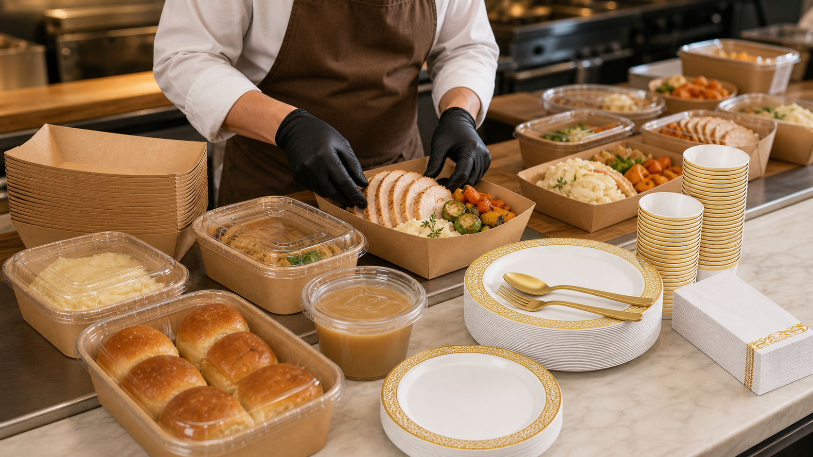Restaurant staff assembling Thanksgiving takeout meals in kraft containers with disposable dinnerware