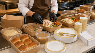 Restaurant staff assembling Thanksgiving takeout meals in kraft containers with disposable dinnerware
